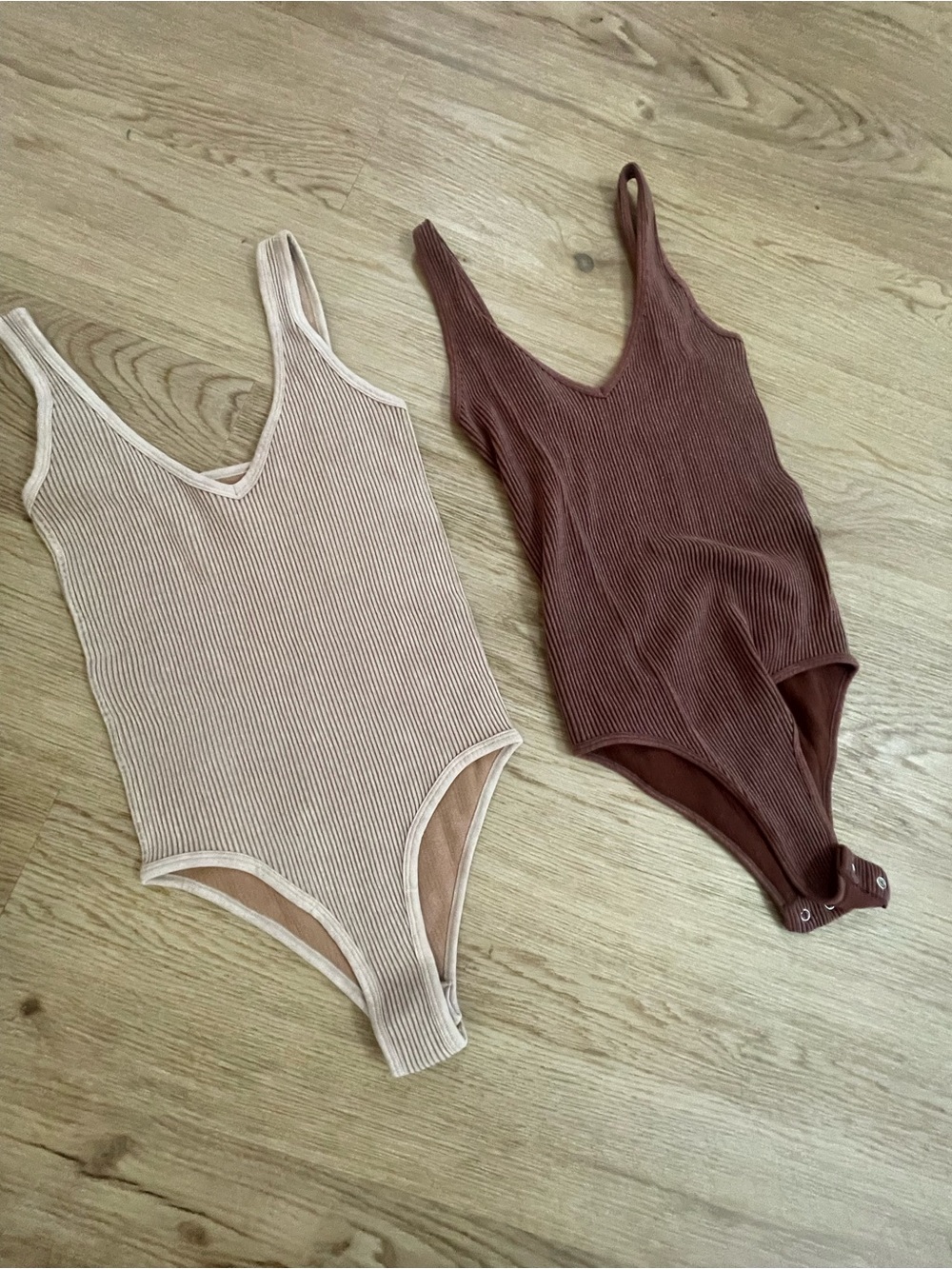 Bundle Two Ribbed One-Piece Bodysuit in Beige and Brown - Brand:Aura